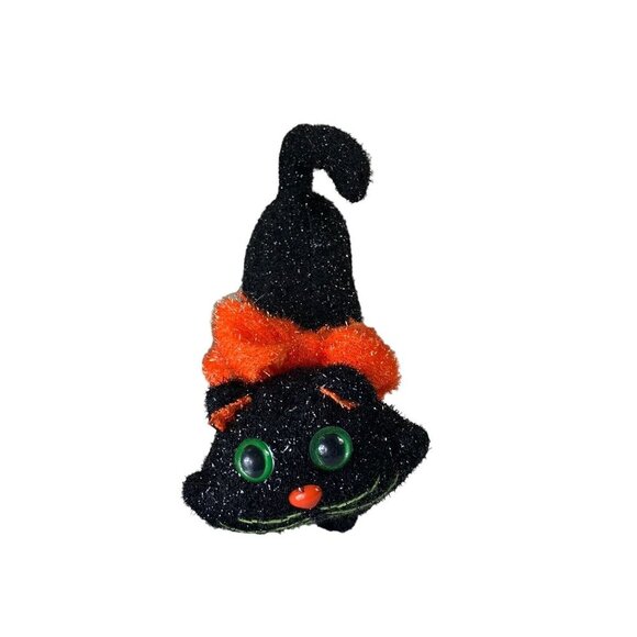 Halloween Cat Plush Set of 3 Sparkly Orange Black Cats Green Eyes Spooky Decor - Picture 2 of 7